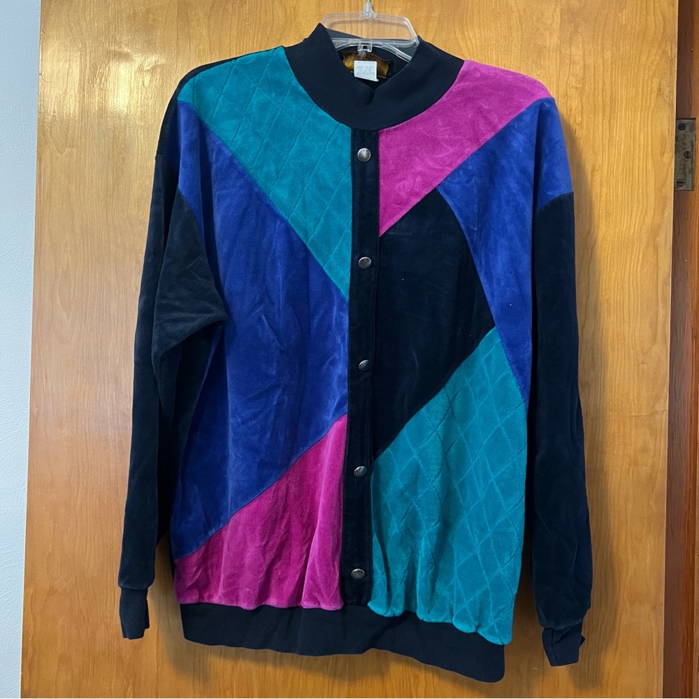 Vintage Women’s Size Large Black Pink Teal Color Block Velour Lounge Track Suit